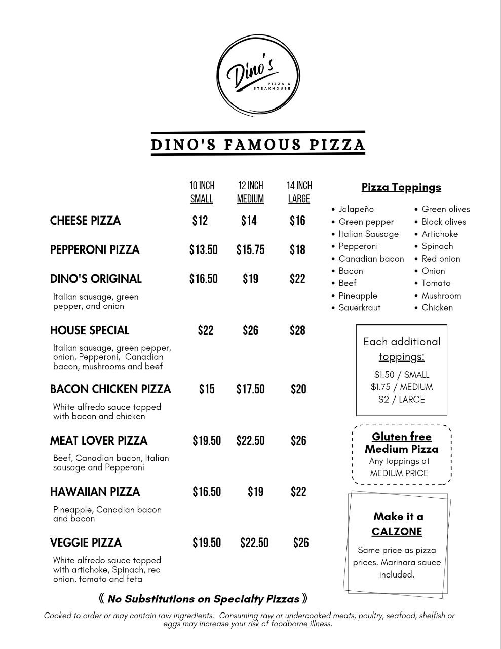 Dinos Pizza Menu